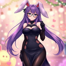 A sexy anime bunny girl featuring long, flowing purple hair that exudes charm and personality, paired with trendy glasses that accentuate her playful visage