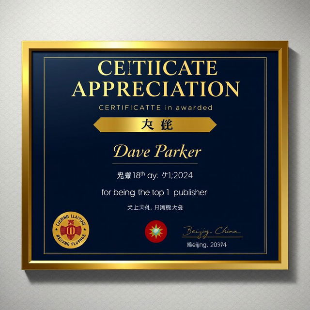 A realistic Certificate of Appreciation for being the top publisher, featuring an elegant and professional design