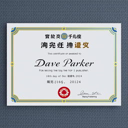 A realistic Certificate of Appreciation for being the top publisher, featuring an elegant and professional design