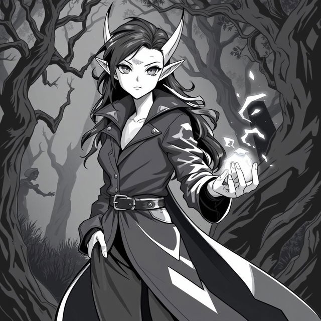 A dynamic anime style greyscale illustration of an elf mage thief