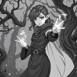 A dynamic anime style greyscale illustration of an elf mage thief