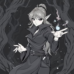 A dynamic anime style greyscale illustration of an elf mage thief