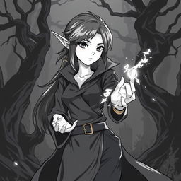 A dynamic anime style greyscale illustration of an elf mage thief