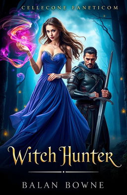 A romantic fantasy novel cover depicting a beautiful witch in an elegant, flowing dress with ethereal features, casting a magical spell with swirling colorful smoke around her