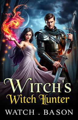 A romantic fantasy novel cover depicting a beautiful witch in an elegant, flowing dress with ethereal features, casting a magical spell with swirling colorful smoke around her