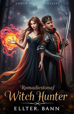 A romantic fantasy novel cover depicting a beautiful witch in an elegant, flowing dress with ethereal features, casting a magical spell with swirling colorful smoke around her