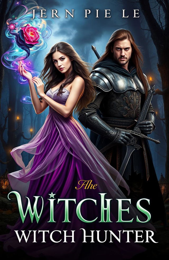 A romantic fantasy novel cover depicting a beautiful witch in an elegant, flowing dress with ethereal features, casting a magical spell with swirling colorful smoke around her