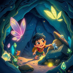 A vibrant and detailed illustration of an imaginative underground world called 'Berkelana Didunia Bawah Tanah', featuring a young boy named Riko