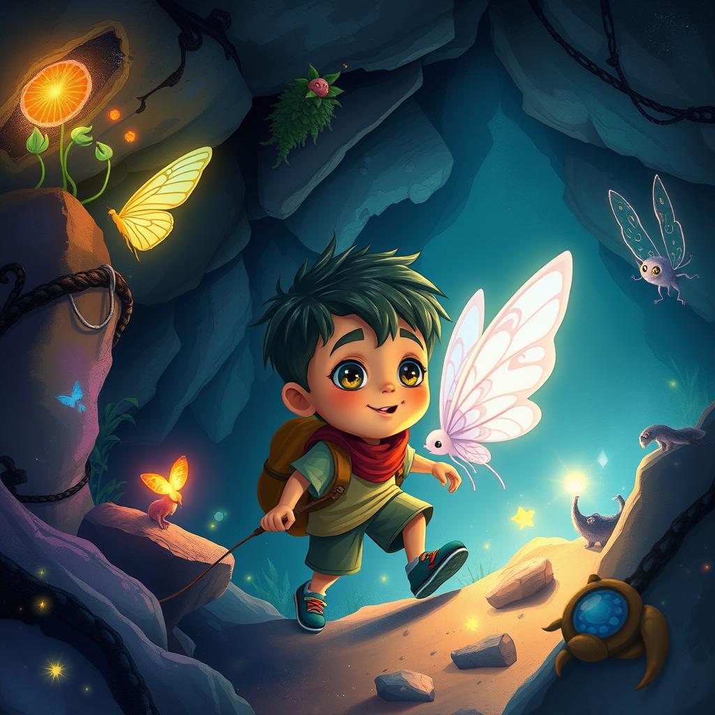 A vibrant and detailed illustration of an imaginative underground world called 'Berkelana Didunia Bawah Tanah', featuring a young boy named Riko