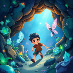 A vibrant and detailed illustration of an imaginative underground world called 'Berkelana Didunia Bawah Tanah', featuring a young boy named Riko