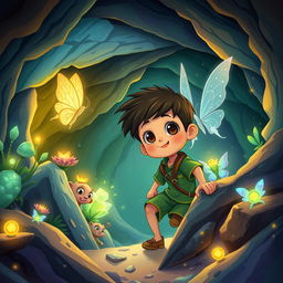 A vibrant and detailed illustration of an imaginative underground world called 'Berkelana Didunia Bawah Tanah', featuring a young boy named Riko