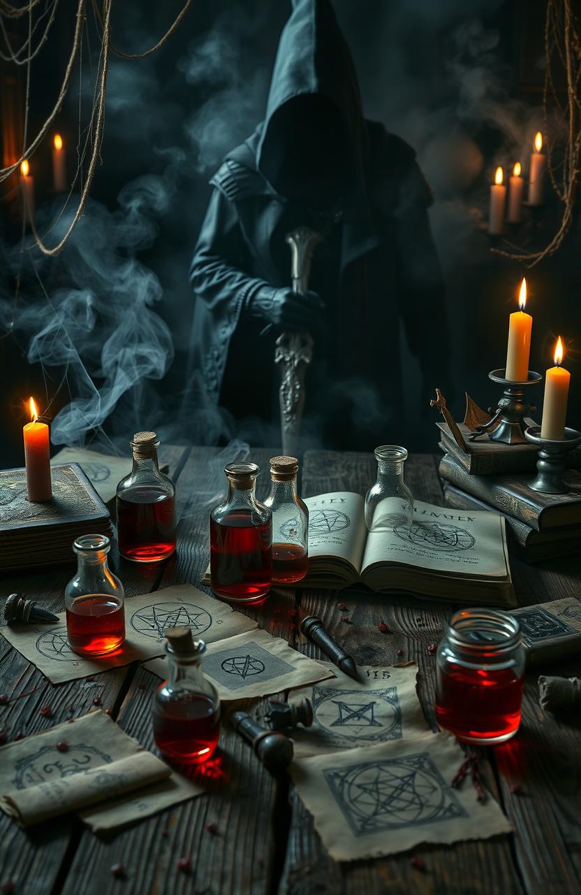 A mystical and enchanting book cover depicting a blood witch's dark and eerie potion ingredients scattered across a wooden table