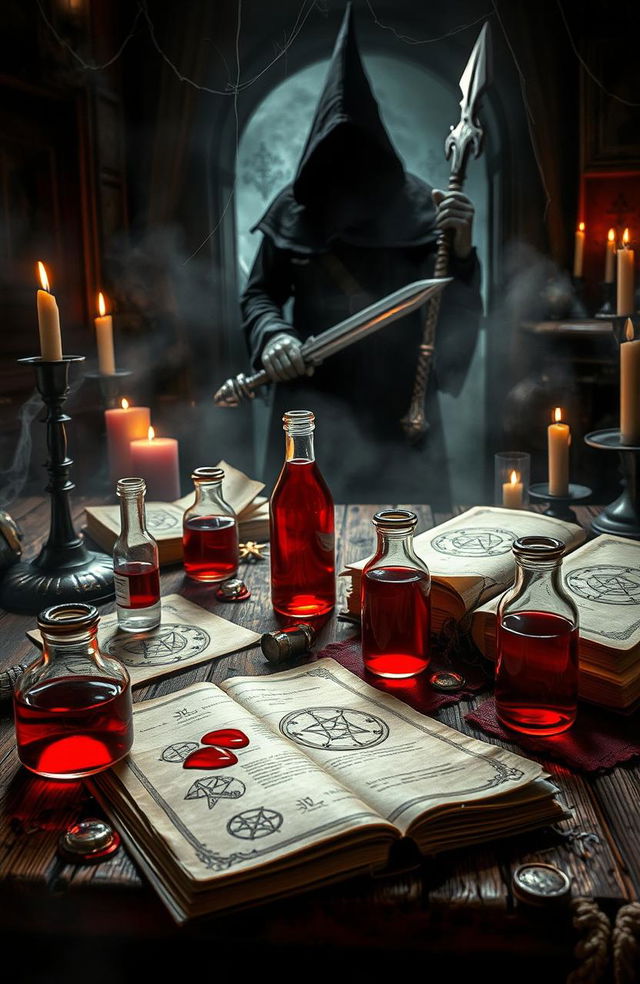 A mystical and enchanting book cover depicting a blood witch's dark and eerie potion ingredients scattered across a wooden table