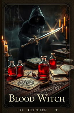 A mystical and enchanting book cover depicting a blood witch's dark and eerie potion ingredients scattered across a wooden table