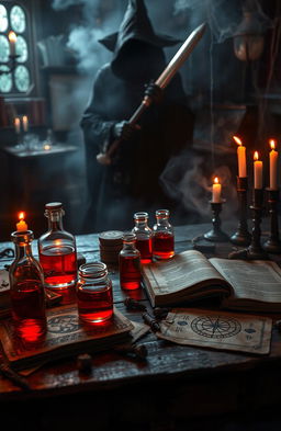 A mystical and enchanting book cover depicting a blood witch's dark and eerie potion ingredients scattered across a wooden table