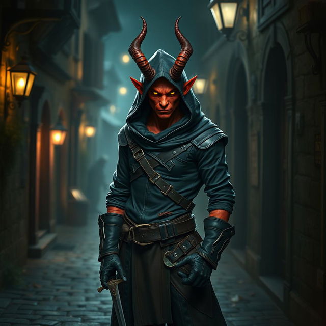 A striking tiefling rogue standing confidently in a dimly lit alley