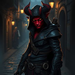 A striking tiefling rogue standing confidently in a dimly lit alley