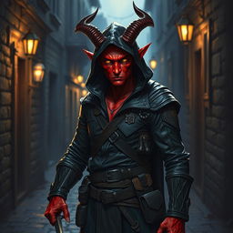 A striking tiefling rogue standing confidently in a dimly lit alley