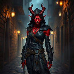A striking tiefling rogue standing confidently in a dimly lit alley