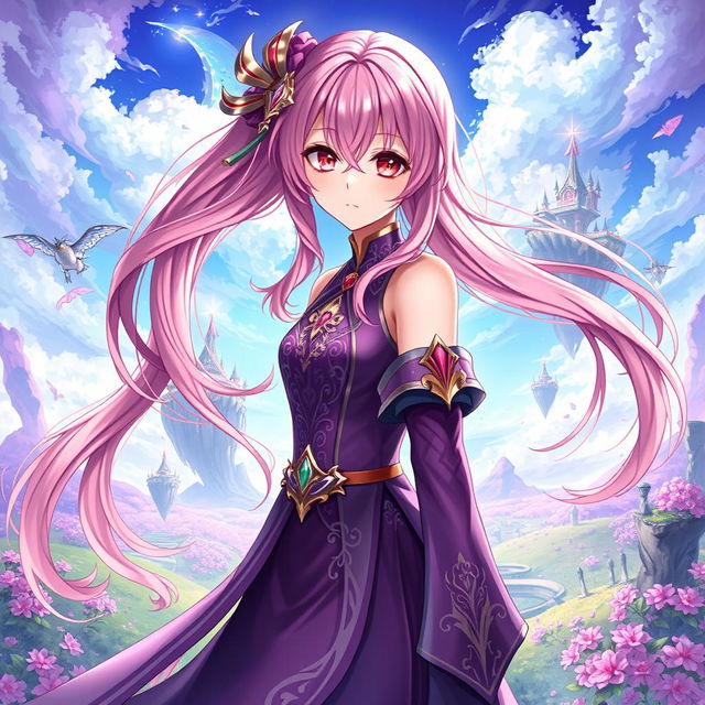 A Genshin Impact style light novel cover featuring a female character with long, flowing pink hair and striking crimson eyes