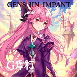 A Genshin Impact style light novel cover featuring a female character with long, flowing pink hair and striking crimson eyes
