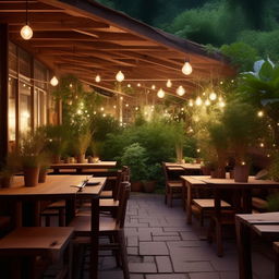 A cozy cafe restaurant situated in a 10 by 20 yard area, furnished with rustic wooden tables and chairs, featuring warm ambient lighting and an assortment of indoor plants.