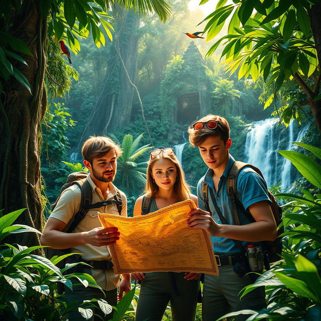 An adventurous scene featuring three young treasure hunters, two males and one female, deep in the heart of a lush jungle