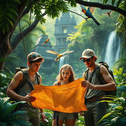 An adventurous scene featuring three young treasure hunters, two males and one female, deep in the heart of a lush jungle