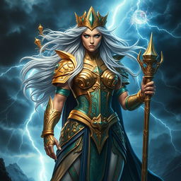 A powerful and fierce goddess standing tall amidst a dramatic storm