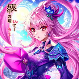 A vibrant and captivating light novel cover in the Genshin Impact art style, featuring a mesmerizing female character with long flowing pink hair and stunning crimson eyes