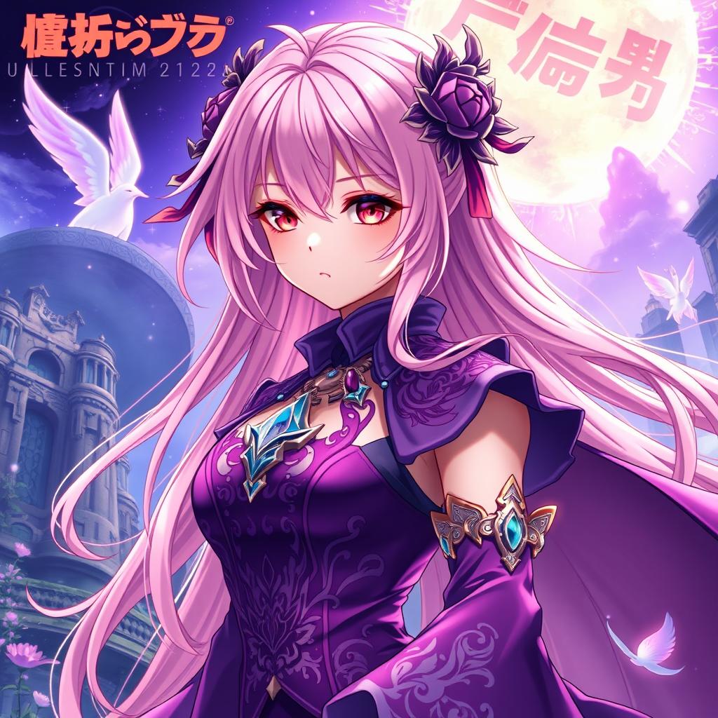 A vibrant and captivating light novel cover in the Genshin Impact art style, featuring a mesmerizing female character with long flowing pink hair and stunning crimson eyes