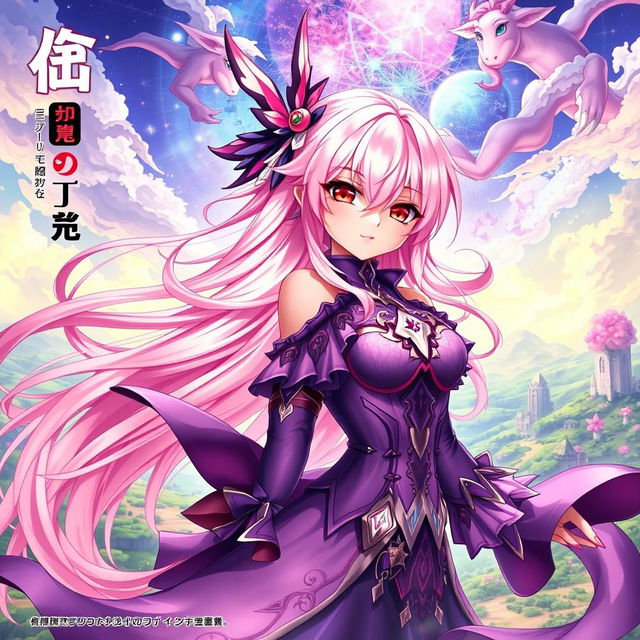 A vibrant and captivating light novel cover in the Genshin Impact art style, featuring a mesmerizing female character with long flowing pink hair and stunning crimson eyes