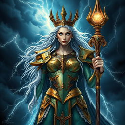 A powerful and fierce goddess standing tall amidst a dramatic storm