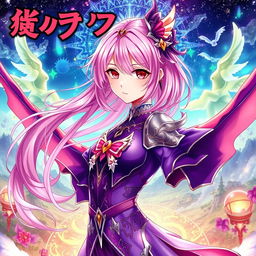 A vibrant and captivating light novel cover in the Genshin Impact art style, featuring a mesmerizing female character with long flowing pink hair and stunning crimson eyes