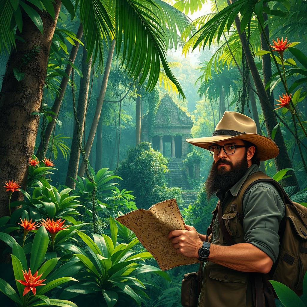 A scene depicting a jungle explorer surrounded by lush, dense rainforest, featuring tall trees, vibrant green foliage, exotic flowers, and sunlight filtering through the leaves