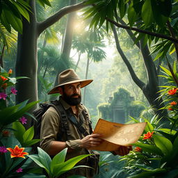 A scene depicting a jungle explorer surrounded by lush, dense rainforest, featuring tall trees, vibrant green foliage, exotic flowers, and sunlight filtering through the leaves