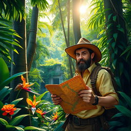 A scene depicting a jungle explorer surrounded by lush, dense rainforest, featuring tall trees, vibrant green foliage, exotic flowers, and sunlight filtering through the leaves