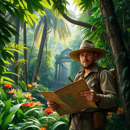 A scene depicting a jungle explorer surrounded by lush, dense rainforest, featuring tall trees, vibrant green foliage, exotic flowers, and sunlight filtering through the leaves