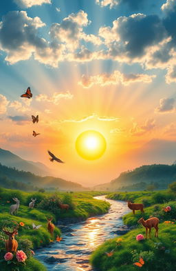 A serene and captivating scene symbolizing the essence of life, featuring a vibrant sunrise over a lush green landscape