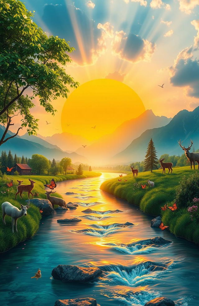 A serene and captivating scene symbolizing the essence of life, featuring a vibrant sunrise over a lush green landscape