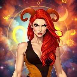 A fierce Aries woman, embodying strength and confidence, with fiery red hair that cascades down her shoulders