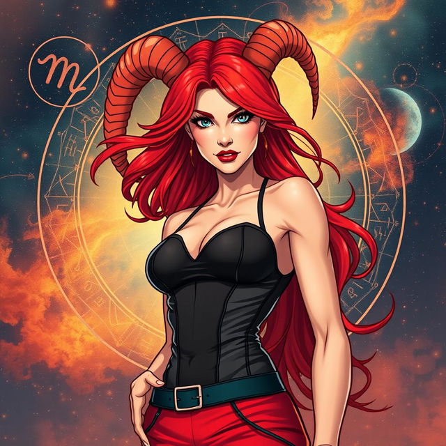 A fierce Aries woman, embodying strength and confidence, with fiery red hair that cascades down her shoulders