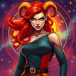 A fierce Aries woman, embodying strength and confidence, with fiery red hair that cascades down her shoulders