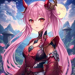 A Genshin Impact style light novel cover featuring a beautifully detailed female character with long, cascading pink hair and captivating crimson eyes