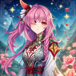 A Genshin Impact style light novel cover featuring a beautifully detailed female character with long, cascading pink hair and captivating crimson eyes