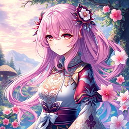 A Genshin Impact style light novel cover featuring a beautifully detailed female character with long, cascading pink hair and captivating crimson eyes