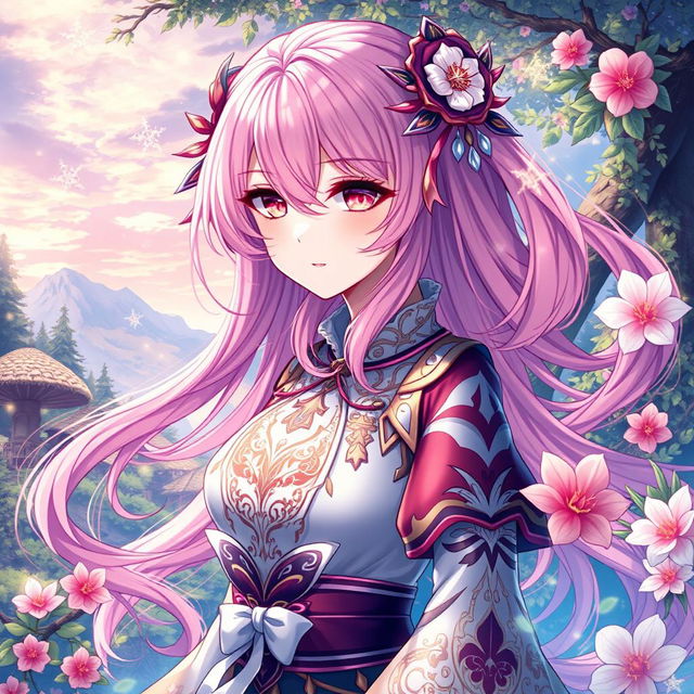 A Genshin Impact style light novel cover featuring a beautifully detailed female character with long, cascading pink hair and captivating crimson eyes