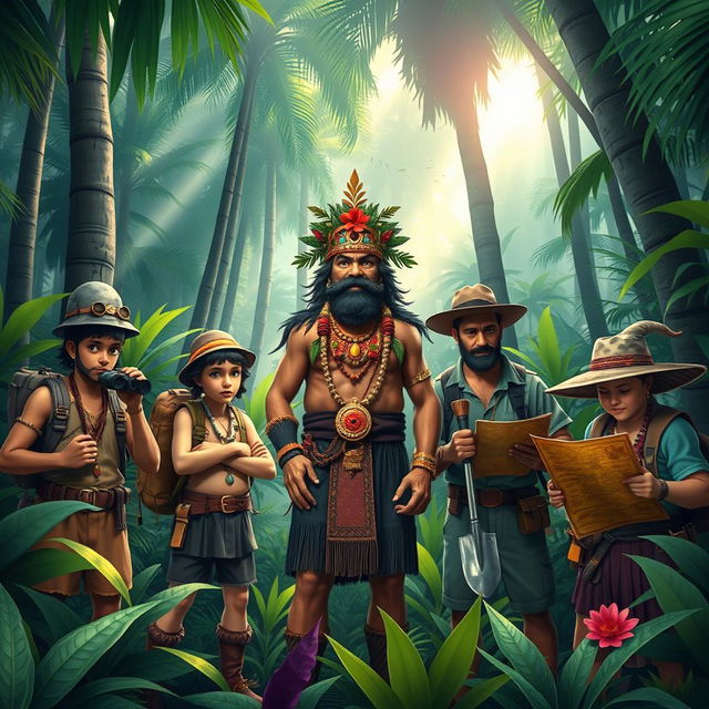 A vibrant scene in a dense jungle depicting a jungle king standing confidently in the center, surrounded by three treasure hunters