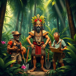 A vibrant scene in a dense jungle depicting a jungle king standing confidently in the center, surrounded by three treasure hunters