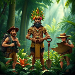 A vibrant scene in a dense jungle depicting a jungle king standing confidently in the center, surrounded by three treasure hunters